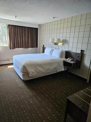 a hotel room with a large bed and a window at Grande Cache Hotel in Grande Cache