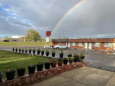 a rainbow over a brick wall with potted plants at Rest Easy Motel in Three Hills