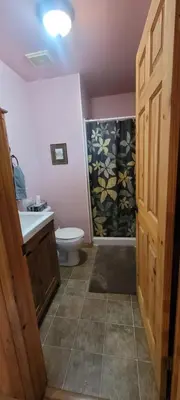 a bathroom with a toilet and a sink and a shower at Beautiful Cabin near Radium Hot Springs with private hot tub in Radium Hot Springs