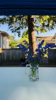 a vase filled with blue flowers sitting on a table at Cozoro 3 BEDROOMS Centre Vancouver in Vancouver