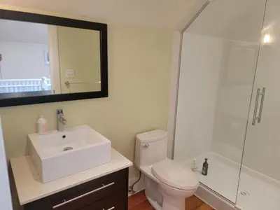 a bathroom with a toilet and a sink and a shower at Shaughnessy Heritage Manor on Vancouver's Westside free housekeeping optional in Vancouver