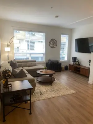 a living room with a couch and a flat screen tv at Stylish Three Bedroom Townhome in Squamish