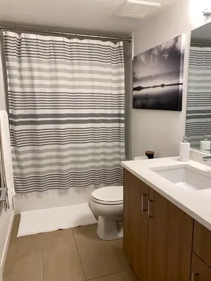 a bathroom with a toilet and a shower curtain at Stylish Three Bedroom Townhome in Squamish