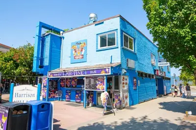 a blue building on the side of a street at The Backyard at Cedar Springs Walk to Lake and Hot Springs in Harrison Hot Springs