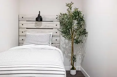 a white bedroom with a bed and a plant at Riverstone Retreat in Golden BC in Golden
