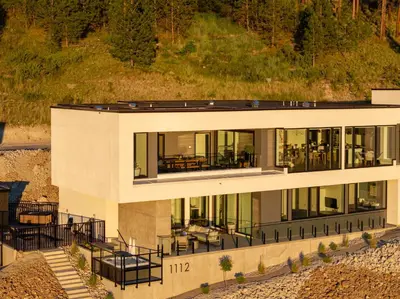 an aerial view of a large house with glass at Bialto Bed and Breakfast in Penticton