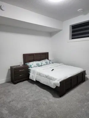 a bedroom with a bed and a dresser in it at Studio Suite in Northeast, Edmonton in Edmonton