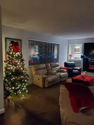 a living room with a christmas tree and a couch at Just across from the lake ! in Kelowna