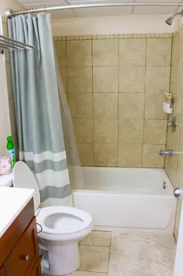 a bathroom with a toilet and a tub and a sink at Entire suite Queen BRM Big Window Prvt Entry Patio in Edmonton