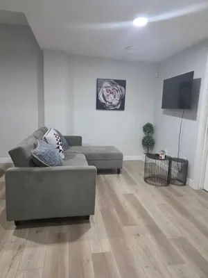 a living room with a couch and a flat screen tv at Cozy Up in Edmonton
