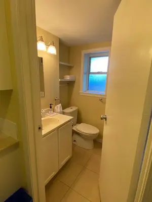 a bathroom with a toilet and a sink and a window at Ravens Nest Cozy Lower One Bedroom Suite in Victoria