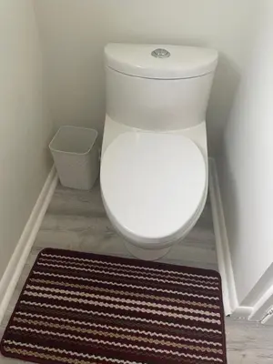 a white toilet in a bathroom with a rug at Cabernet Sauvignon Escape in Calgary