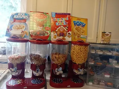 a group of four containers filled with cereal and food at Comfy Sleep In Fraser Valley With Breakfast in Abbotsford