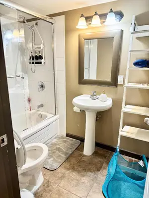 a bathroom with a sink and a toilet and a shower at Peaceful House with Backyard in Langley