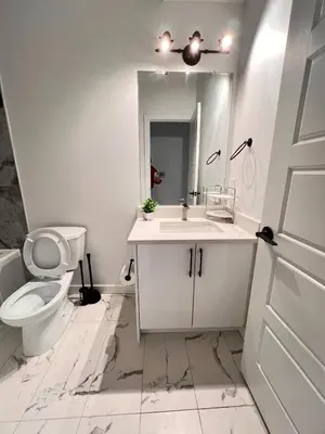 a bathroom with a toilet and a sink and a mirror at Cozy Corner - 1 bedroom suite - 15 mins from airport in Calgary