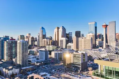 an aerial view of a city skyline with skyscrapers at City View 2 King Suites Floor-to-Ceiling Views in Calgary