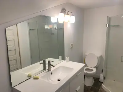 a white bathroom with a sink and a toilet at Cozy and rustic cabin in Nelson