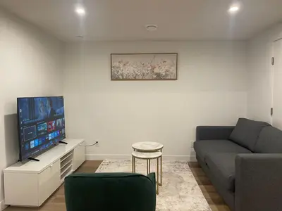 a living room with a couch and a flat screen tv at Westminister Manor in Calgary