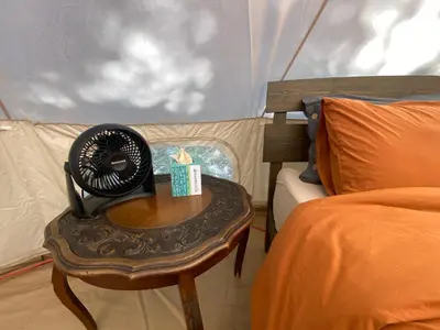a bedroom with a bed and a table with a fan at Tree Top Sanctuary Cowichan Valley in Duncan