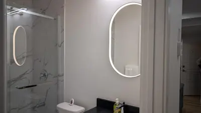 a bathroom with a shower and a toilet and a mirror at Cozy 2-Bedroom Basement Suite Just Minutes from the Airport in Calgary