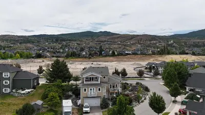 an aerial view of a residential neighborhood with houses at Relaxing Lakeview 2 bedroom entire suite in Kelowna