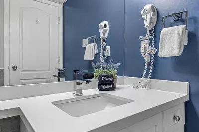 a bathroom with a white sink and a blue wall at 2BR in Deer Lodge, Epic Location, Private Covered Patio, Free Parking in Whistler