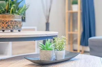 a table with two potted plants on top of it at Elegant Living in a 1-Bedroom Suite in Edmonton