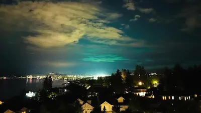 a view of a city at night with the water at SHARED Lakeview Peaceful 2BR Stay in Beautiful Kelowna in Kelowna