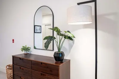 a mirror and a dresser with a potted plant on it at Huckin' Harry's in Revelstoke
