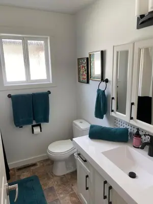 a bathroom with a toilet and a sink and a mirror at Mountain View Villa with Saltwater Pool in Oliver