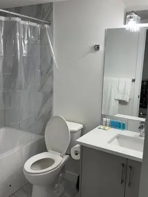 a bathroom with a toilet and a sink and a mirror at The Nesting Cove in Airdrie