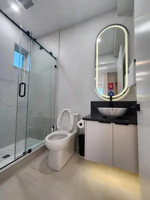 a bathroom with a toilet and a sink and a mirror at Luxury 3-Bedroom Home Modern Retreat in Vancouver in Vancouver