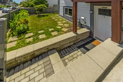 a front yard with a lawn next to a house at Top choice 2-Bed 1-Bath Garden Suite in New Westminster