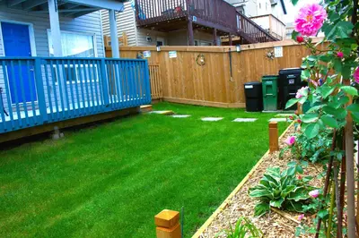a yard with a blue fence and green grass at Entire Walkout Basement Suite 2 BDRM King & Queen Patio Prvt Entrance in Edmonton