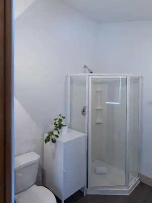 a white bathroom with a shower and a toilet at Fieldstone Guesthouse in Clearwater
