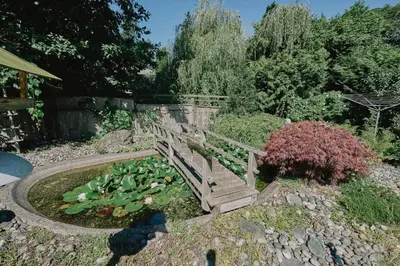 a wooden bridge over a pond with lilies at The Coastal Garden Retreat in Delta