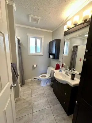 a bathroom with a toilet and a sink at Beautiful home near City centre! in Kitimat