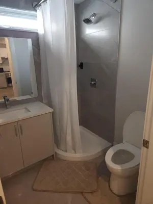 a bathroom with a shower and a toilet and a sink at Central 2-Bedroom Townhouse Oak st in Vancouver