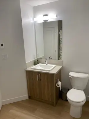 a bathroom with a sink and a toilet and a mirror at Oceanside 2 Bedroom Suite in Royal Bay-Free Nespresso Coffee with Welcome Treats in Colwood