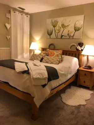a bedroom with a large bed with two lamps at Country Cottage B&B in Vernon