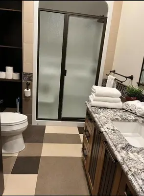 a bathroom with a shower and a toilet and a sink at A Gorgeous Mansion for Jasper Vacation in Hinton