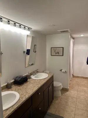 a bathroom with two sinks and a toilet at Quiet & Cozy Ski-In Out, Hot tub, pool in Whistler