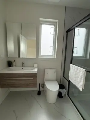 a bathroom with a toilet and a sink and a mirror at Roger & May's Cabin in Vancouver