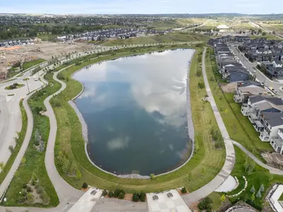an aerial view of a large body of water at Cozy 2BR Suite with Kitchen, AC Near U of C, Winsport, Banff and Hospitals in Calgary