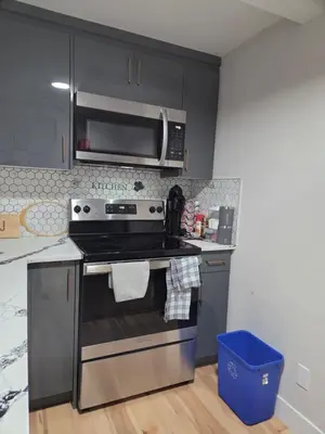 a kitchen with a stove and a microwave at Little Heaven 2BR southwest Calgary in Calgary