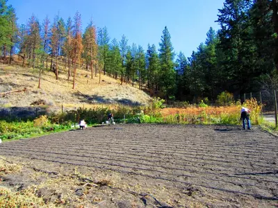 a group of people standing in a dirt field at Mountain Springs Nature Retreat in Kaleden