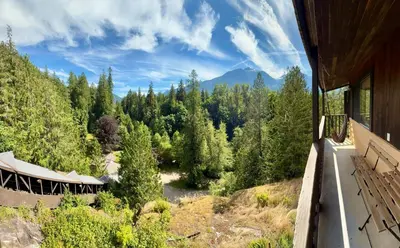 a view of a forest from a balcony of a house at Eagles Nest - epic blufftop cabin Squamish in Upper Squamish