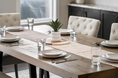 a wooden table with plates and silverware on it at Large Luxury Home Featuring Entertain Room with Karaoke Air Hockey and Pool Table in Calgary