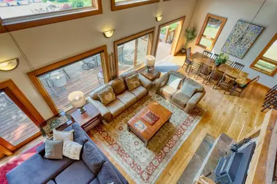 an overhead view of a living room with a couch at Custom Built Home on the Beach in Nelson
