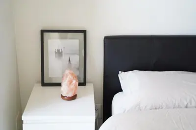 a bedroom with a bed and a picture on a night stand at Cozy Richmond Center Downtown 2B & 2B Apartment in Richmond